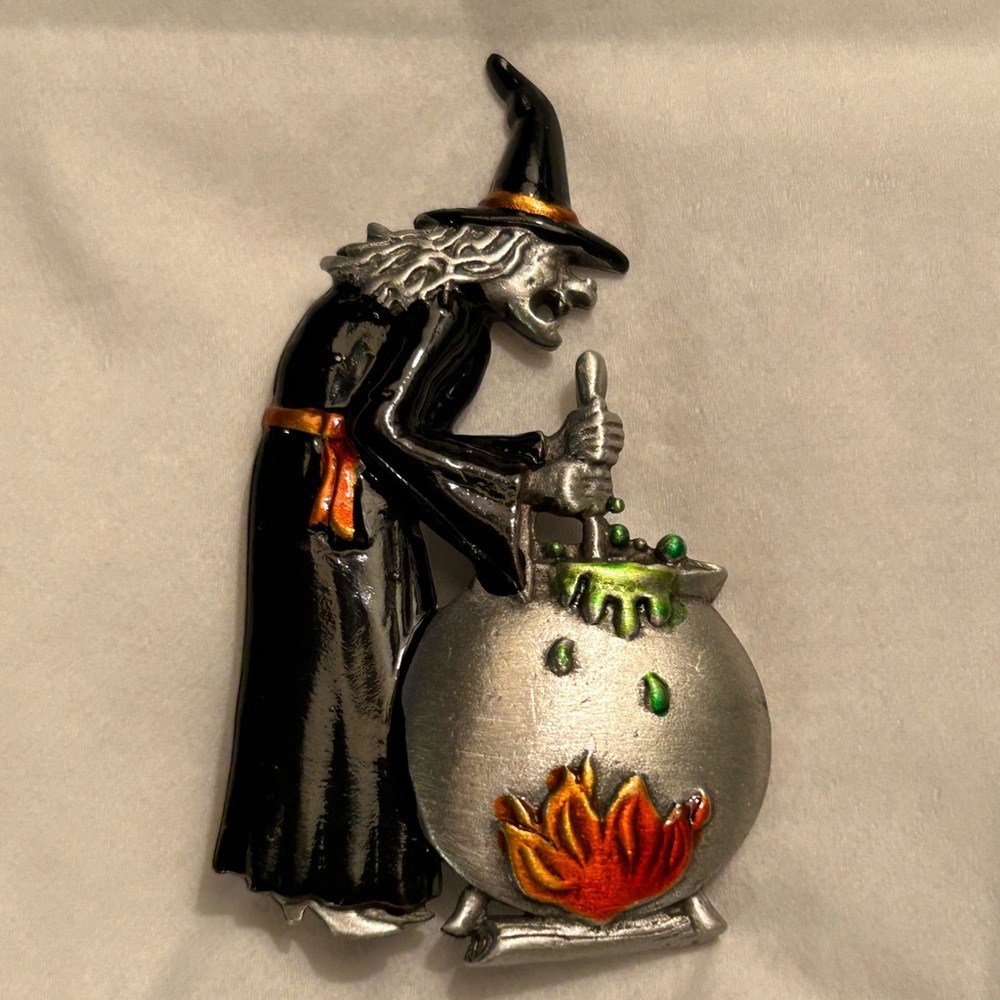 Witch Cauldron Brooch - Black, Silver, Orange Halloween